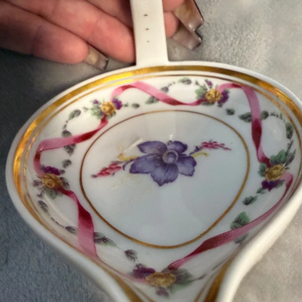 Richard Ginori Hand Painted Pink Ribbon Floral‎ Bonbon Dish Italy w/ Handle